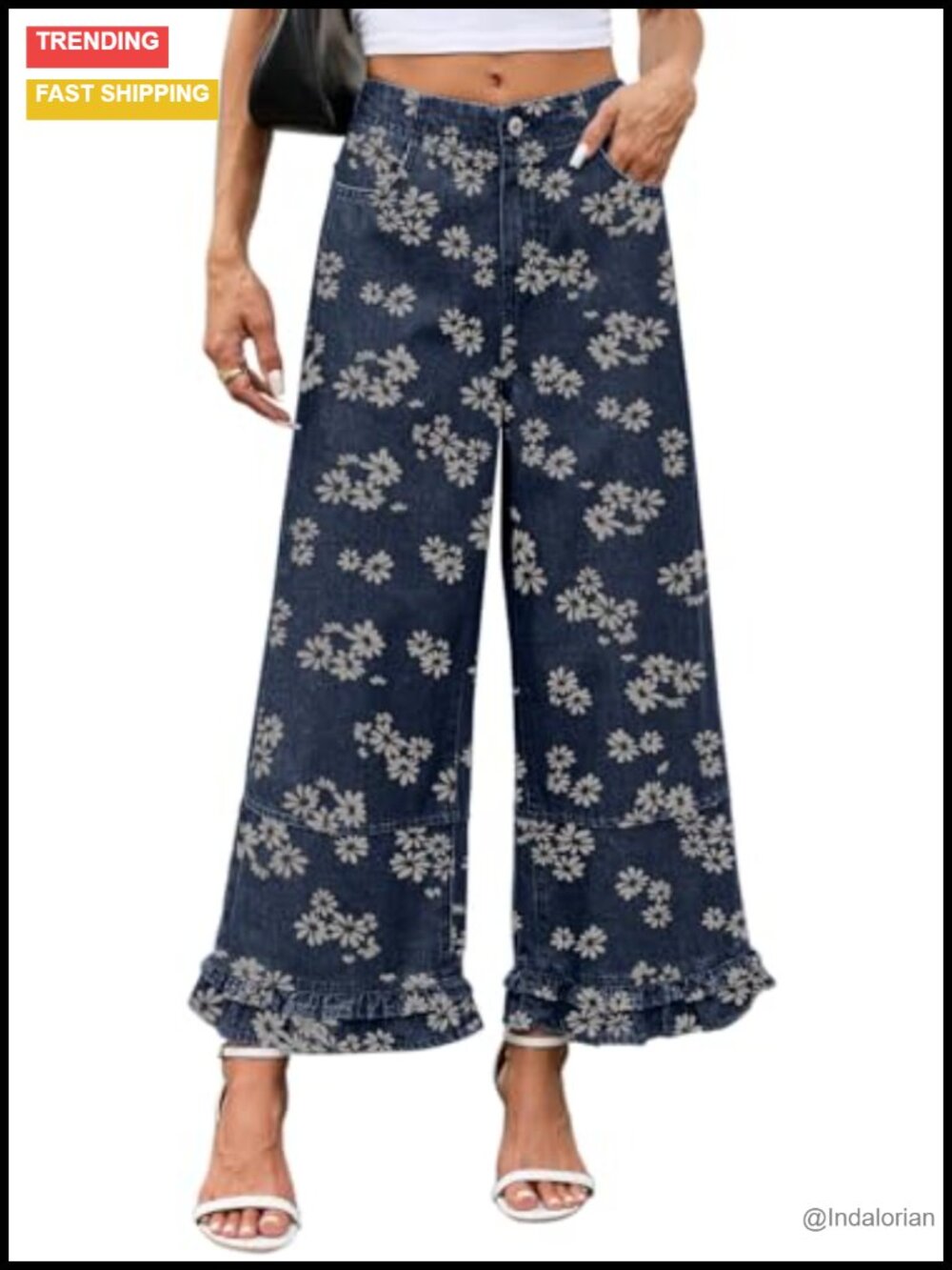 Wide Leg Floral Patchwork Denim Jeans with Ruffle Hem High Rise Baggy Y2K Ankle